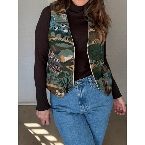 Vintage Countryside Scenic Tapestry Vest – Green Multi, Cottagecore - Picture 2 of 10